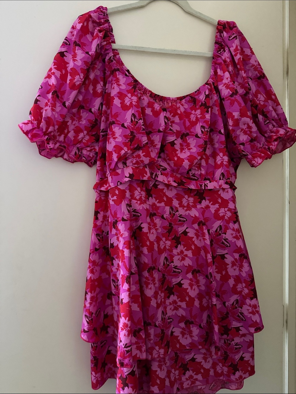 SHEIN Hot Pink Floral Puff-Sleeve Tunic